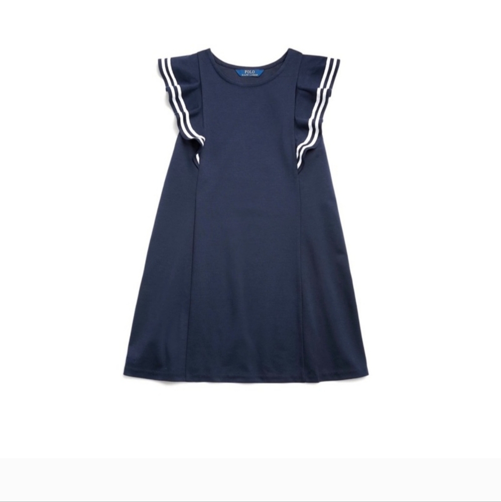 NWT Polo Ralph Lauren Cruise I Blue Ruffled Stretch Ponte Flutter Dress L 12-14 - Picture 3 of 5